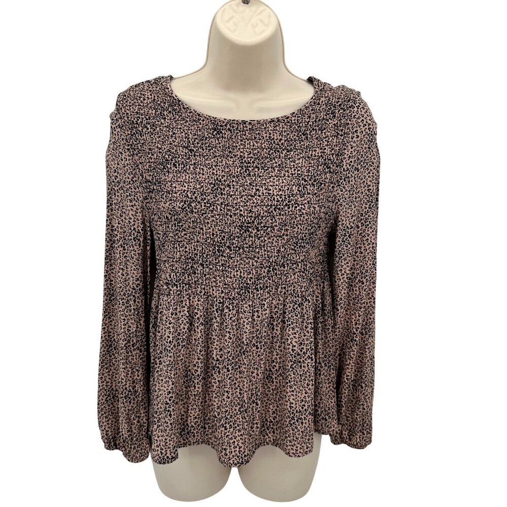 Urban Romantics Women Brown Smocked Leopard Print Long Sleeve Peplum Blouse S